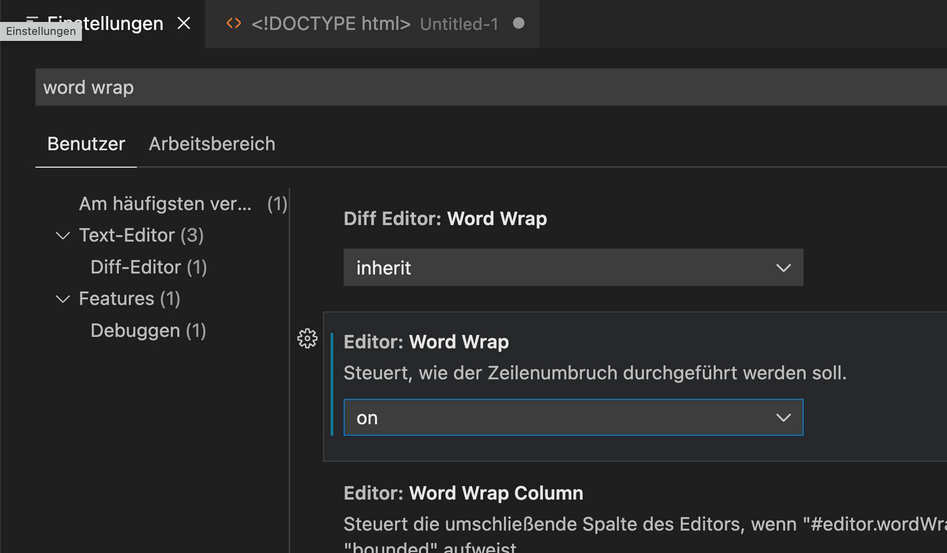 Visual Studio Code: Einstellung Word Wrap On