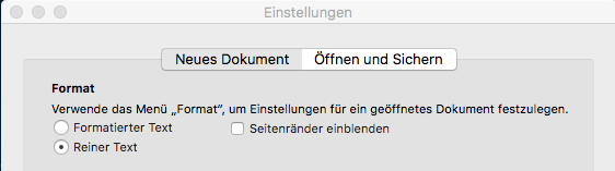 Screenshot von TextEdit: Einstellungen Reiner Text